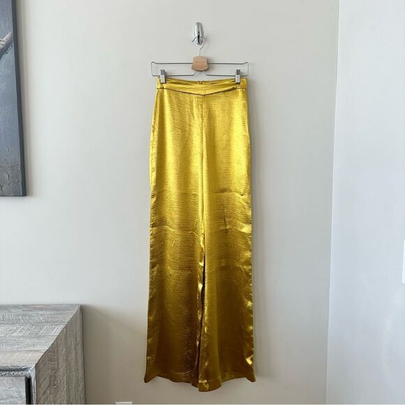 Hanifa-Golden Yellow Satin High Rise Wide Leg Long Trousers (Size:XS) - Picture 2 of 12